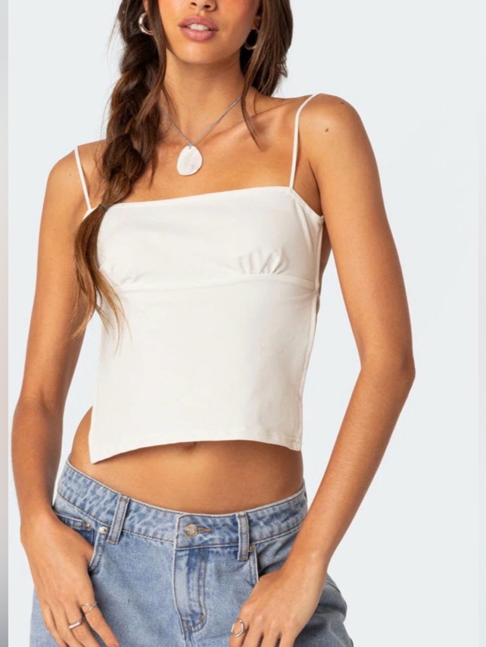 Edikted Cream Square-Neck Spaghetti Strap Crop Cami